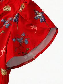 Rometta 大码女式复古法式V领碎花短袖连衣裙 - 紅色 - 查看 7