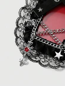 ROMWE 1 Spice Girl Heavy Industries Gothic Black And Red Leather Air Eye Rivets Rhinestone Cross Simulation Heart Chain Lace Lace Card Keychain Bag Pendant - Black and red-13 - View 6