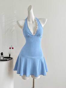 Sweetra Vestido de mezclilla con cuello halter, espalda descubierta y ribete de encaje - Azul - Ver 4