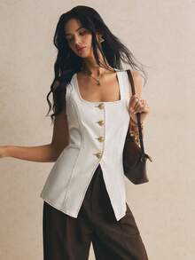 Blusa de mezclilla informal sin mangas de cuello cuadrado y abotonadura sencilla para mujer - Blanco - Ver 5