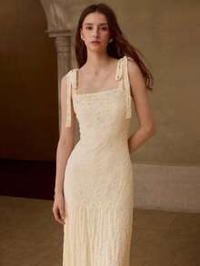 MOTF PREMIUM WOMEN'S SUMMER LACE SHOULDER KNOT MAXI STRAP DRESS WEDDING BIRTHDAY MOTHER OF THE BRIDE VACATION WHITE SEQUIN ELEGANT ROMANTIC - Beige - View 6