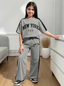 Conjunto de camiseta de cuello redondo holgada y cómoda con parches y pantalones de contraste de color para niñas preadolescentes - Multicolor - Ver 9