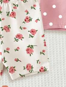SHEIN Playful Pals 4件套女婴纯色弹力腰带打底裤/紧身裤/骑行短裤套装，适合6个月至2-3岁的宝宝，可爱甜美的色彩系列，包含花卉、条纹、波点等简约图案设计，春夏装扮，充满春日气息，清爽舒适，时尚女童套装，休闲服饰，儿童花卉图案服装，春夏套装，新款，清凉舒适，春夏休闲风 - 彩色 - 查看 5