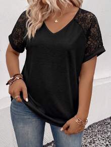 EMERY ROSE Women's Spring/Summer New Hot-Selling Lace Patchwork Design Casual Versatile Plus Size T-Shirt - Black - View 3