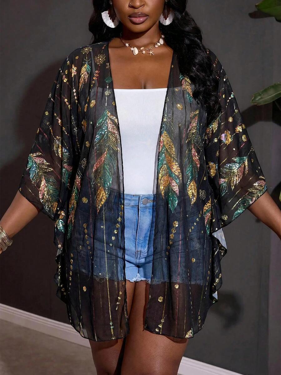 SHEIN CURVE+ Talla Grande Cubierta Transparente con Estampado de Plumas para Vacaciones en la Playa
