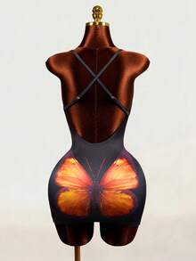 Mistrie Summer Sexy 90s Fairycore Y2k Lace-Up Butterfly Print Bodycon Knit Mini Dress Clubbing Night Out Party Black And Orange - Multicolor - View 2