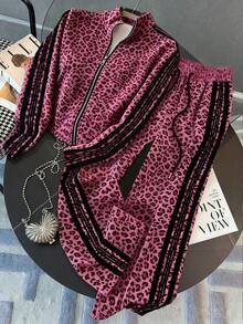 SHEIN Cardigan de cuello alto ajustado con mangas raglán + Pantalones rectos con bolsillos en diagonal para tallas grandes - Multicolor - Ver 3