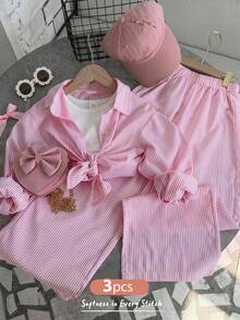 Cozy Pixies 女嬰編織條紋蝴蝶結圖案上衣 + 針織細肩帶背心 + 短褲 3 件套 - 彩色 - 查看 1