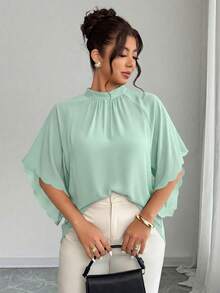 Elenzga Plus Size Women's Round Neck Ruched Sleeve Wavy Hem Loose Blouse, Spring/Summer - Mint Green - View 1