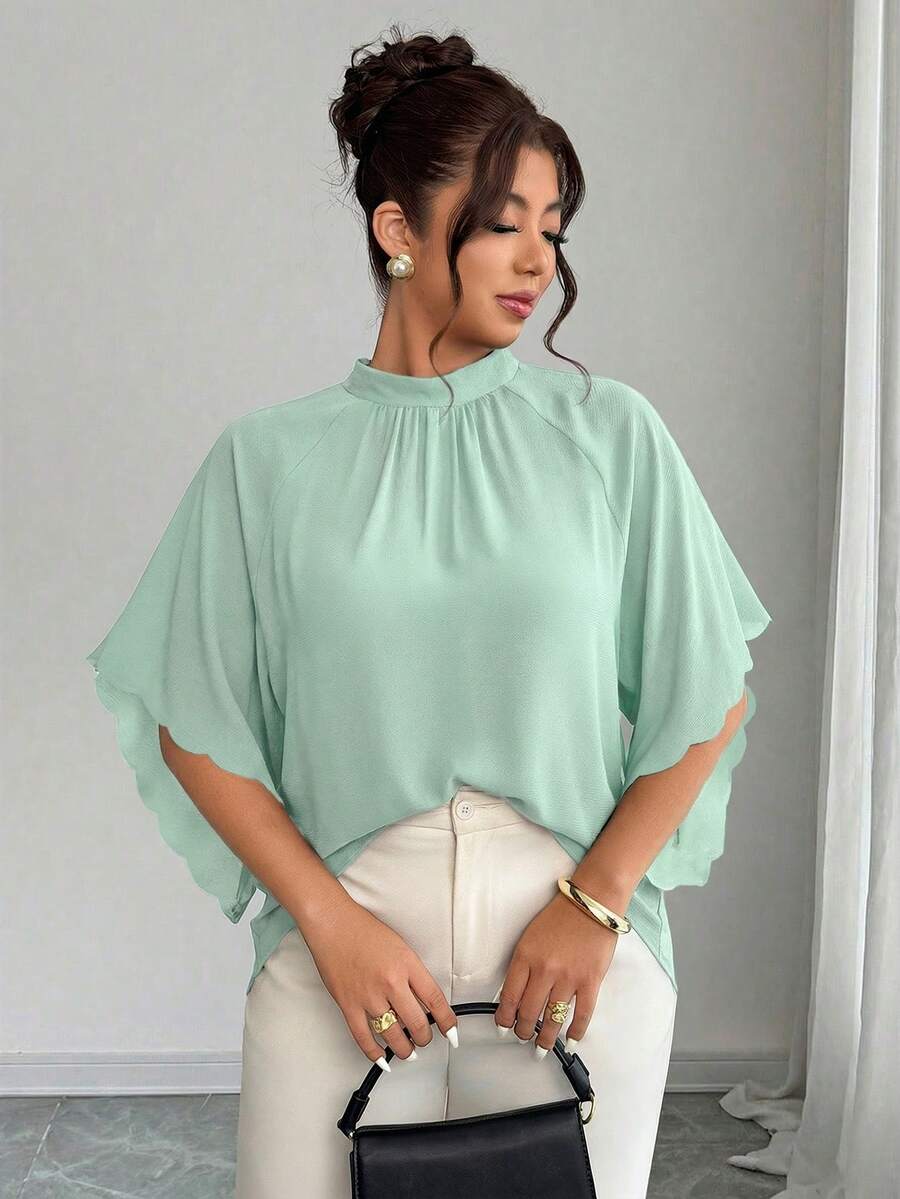 Elenzga Plus Size Women's Round Neck Ruched Sleeve Wavy Hem Loose Blouse, Spring/Summer - Mint Green - View 1