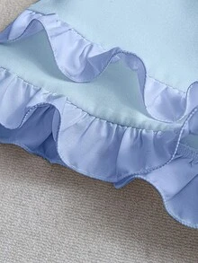 SHEIN Raffinéa Pantalones cortos acampanados para mujer de unicolor, ajustados, con bolsillos reales, cintura ceñida, volantes 3D, cremallera, botón, para vacaciones, elegantes, casuales, de oficina, minimalistas, sexys, elegantes para primavera/verano - Celeste - Ver 4