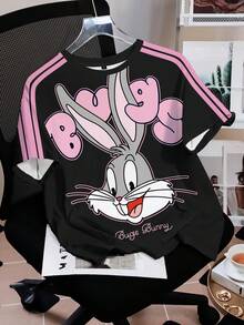 LOONEY TUNES X SHEIN 女士圆领卡通字母印花休闲百搭日常短袖T恤 - 白色 - 查看 3