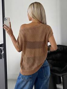SHEIN EZwear 女士纯色简约休闲不对称肩部透视毛衣 - 咖啡棕 - 查看 2