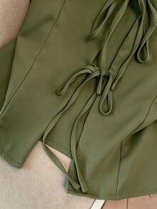 GlowEve CURVE Plus Size Women's Solid Color Front Tie Vest And Skort Casual Two Pieces Set - Army Green - View 3