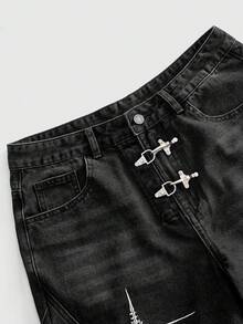 ROMWE MEN Men's Metal Button Print Loose Fit Jeans - Black - View 2