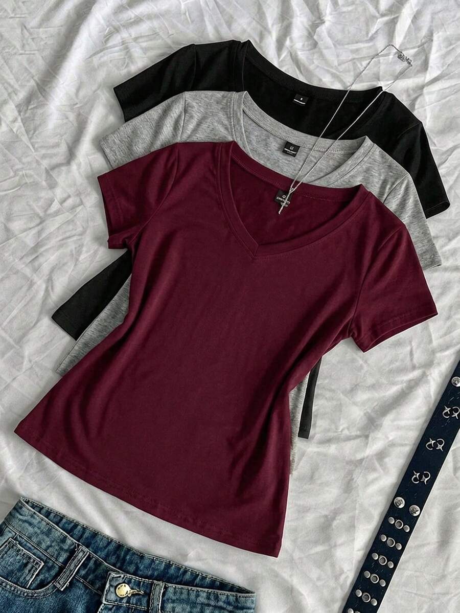 SHEIN EZwear 3件組女款夏季V領修身T恤,龐克次文化動漫風素色基礎款短袖修身T恤 - 彩色 - 查看 1