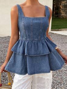 Livesso Women's Denim Camisole Top With Collar, Waist Cinching, And Ruffle Hem - Blue - View 5