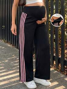 SHEIN 孕婦運動休閒拼接條紋可調腰圍長褲 - 彩色 - 查看 4
