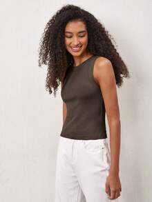 SHEIN BASICS 女款素色圓領螺紋休閒百搭背心上衣 - 灰色 - 查看 6