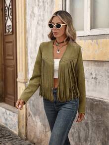 Brillora Women's Solid Color Tassel Design Casual Versatile Daily Outing Open Front Long Sleeve Jacket - Green - View 5