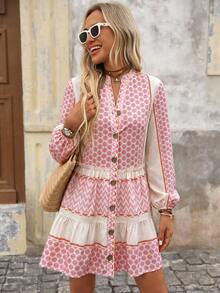 Brillora Vestido elegante de mujer con textura dulce, abotonadura sencilla y bajo con volantes - Rosa - Ver 6