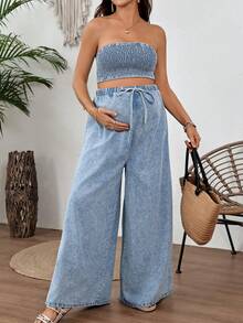 SHEIN Maternity Casual Fashion Vacation Style Ruched Cropped Denim Tube Top And Drawstring Waist Wide Leg Denim Pants 2pcs Set Summer Festival Graduation - Blue - View 6