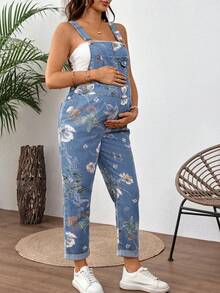 SHEIN 孕妇花卉图案口袋设计休闲牛仔背带裤 - 藍色 - 查看 6