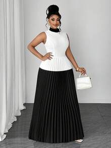 Maweii Black And White Color Block High Neck Sleeveless Pleated Long Evening Gown, Waist-Defining Slimming Formal Banquet Full Skirt Dress - Black and White - View 2