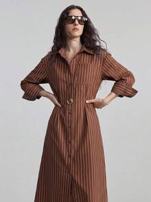 Ontre 2026 SS 女款長條紋襯衫洋裝，寬鬆休閒洋裝適用於都市通勤、商務、度假、海灘、婚禮賓客，優雅長袖鈕扣式洋裝，百搭現代辦公室穿搭 - 鏽棕色 - 查看 3
