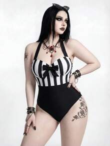 ROMWE Goth 2026新款黑白條紋龐克暗黑哥德風大尺碼連身泳衣 - 黑與白 - 查看 3