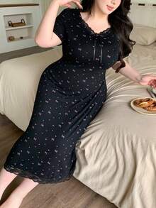 Dazy Plus 大尺碼女款優雅長袖睡裙，蝴蝶結印花、蕾絲拼接、收腰設計，春夏睡衣 - 黑色 - 查看 2