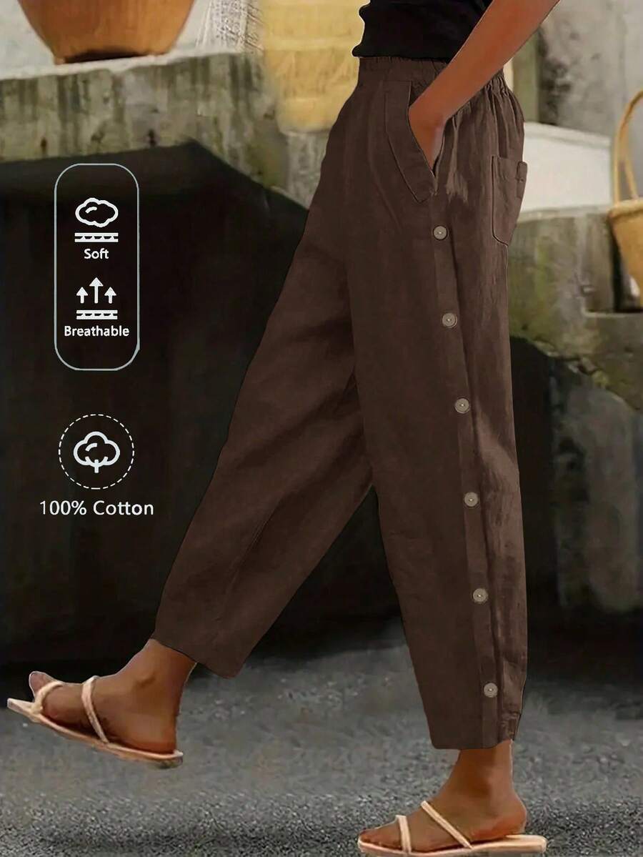 SHEIN PETITE Women's Summer Dark Brown Solid Color Fabric Design Side Seam Button Decoration Pocket Flap Design Casual Vacation Western Bohemian Street Style - Coffee Brown - View 1