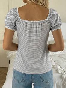 CovetEZ Square Neck Petal Sleeve Tie Front Tee With Striped Print Pattern, Suitable For Summer - Multicolor - View 2