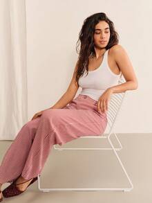 lacRébo Pantalones de pierna ancha de cintura media con estampado de cuadros rojos, ajuste relajado, estilo chic diario de verano - Rojo - Ver 5