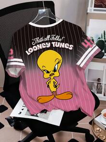 LOONEY TUNES X SHEIN T-shirt casual da donna a maniche corte, con scollo tondo, stampa a righe, lettere e cartoni animati, versatile per uso quotidiano - Bianco - Visualizzare 2