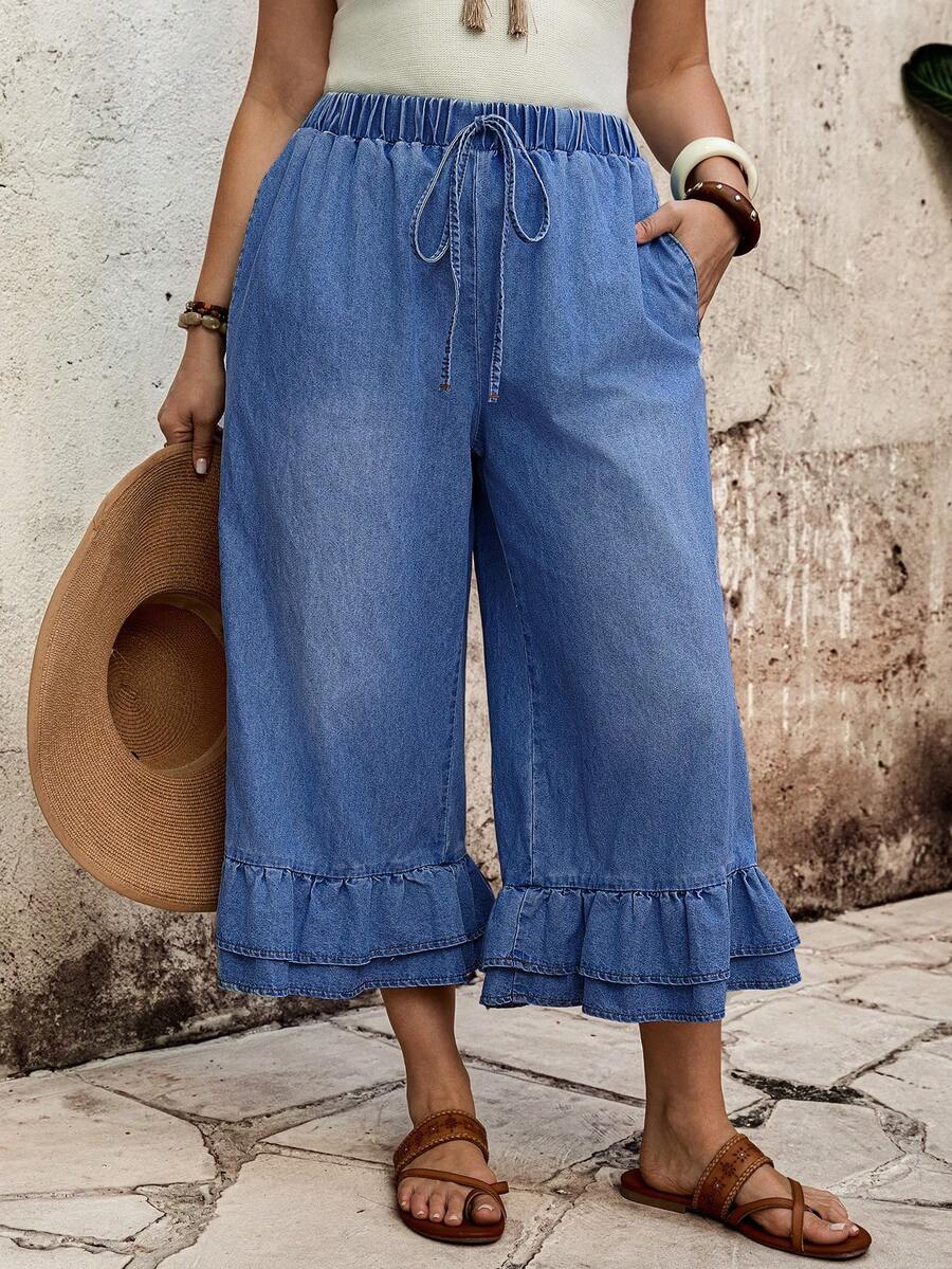 EMERY ROSE EMERY ROSE Pantalones Capri para Mujer Talla Grande con Cintura con Cordón y Dobladillo Fruncido - Azul lavado medio - Ver 1