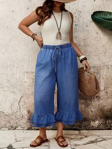 EMERY ROSE EMERY ROSE Pantalones Capri para Mujer Talla Grande con Cintura con Cordón y Dobladillo Fruncido - Azul lavado medio - Ver 6