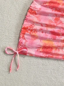Soleia Women's Large Floral Print Halter Neck Vacation Beach Bikini Set With Cover-Up Skirt - Pink - View 5