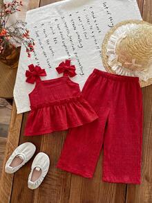Emery Rose Kids Emery Rose Kids 少女編織素色吊帶上衣與長褲兩件組 - 紅色 - 查看 5