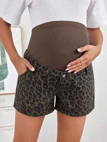 SHEIN Maternity Leopard Print Patchwork Denim Shorts Summer Festival Graduation Going Out Elegant Casual Formal Leopard - Brown - View 5