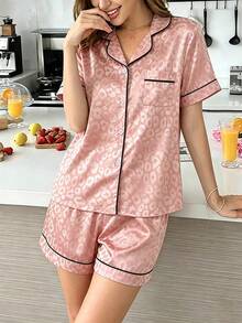 SHEIN 青少年女孩經典豹紋翻領短袖短褲舒適兩件式睡衣家居服套裝 - 彩色 - 查看 5