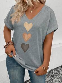 EMERY ROSE Camiseta casual versátil para mujer con cuello en V, manga con puño y estampado de corazones degradados, primavera/verano - Gris - Ver 6