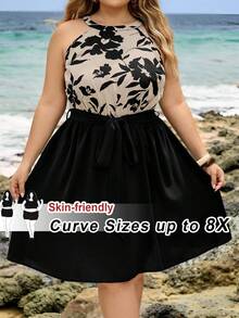SHEIN CURVE+ 大码波西米亚风休闲度假风印花拼接黑色收腰A字连衣裙,夏季款 - 彩色 - 查看 12