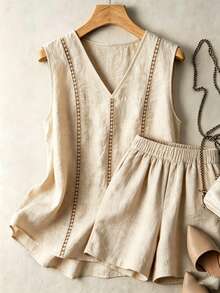 SHEIN Holidaya Women's Light Beige Summer Casual Vacation Holiday Linen Two Piece Set,V-Neck Sleeveless Hollow Out Lace Trim Tank Top&Elastic Waist Loose Shorts Set - Apricot - View 7