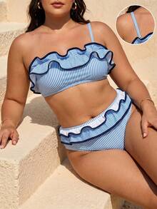 SHEIN Swim 2026 Spring/Summer Plus Size 2-Piece Asymmetrical Striped Ruffled Bandeau Bikini Set, Sexy Design For Beach/Resort Wear - Blue and White - View 1