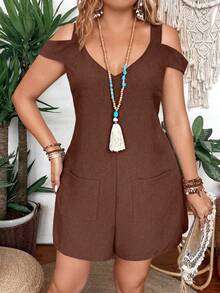 Breezaya Mono de mujer talla grande de color liso con textura, hombros descubiertos y bolsillos - Café integral - Ver 4