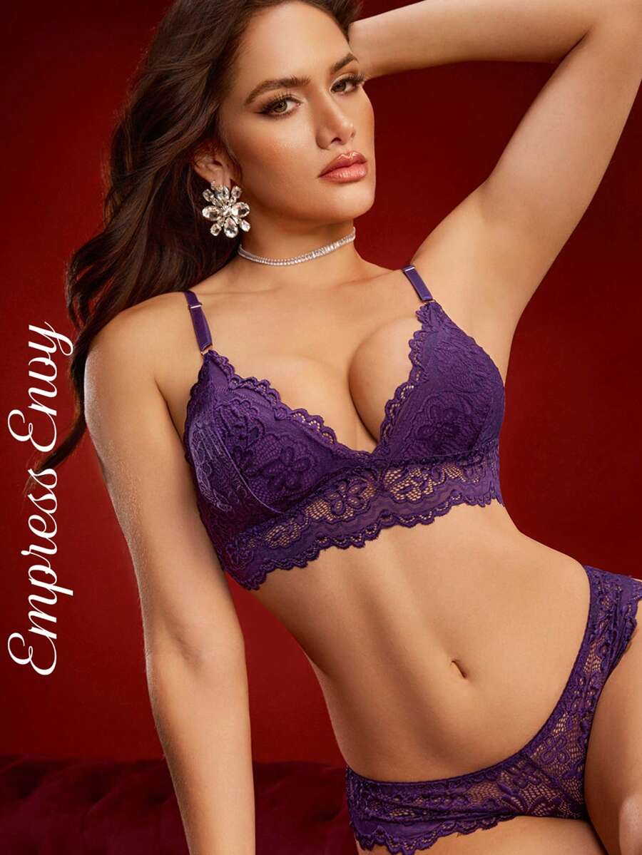 EmpressEnvy طقم ملابس داخلية نسائية من الدانتيل بلون أحادي جذاب - الأرجواني - مشاهدة 1