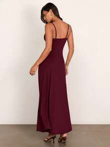 COSMINA Women's Elegant V-Neck Long Spaghetti Strap Dress Vacation Red Wine Summer - Burgundy - View 4
