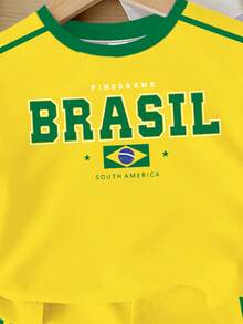 Setelan Pakaian Musim Panas/Musim Semi/Musim Panas/Musim Gugur untuk Anak Perempuan Muda, Kreatif, Personalisasi, Motif Bintang Lima Brasil, Garis Kuning & Hijau, Sisi Dasar Kuning, Garis Ganda Hijau, Huruf, Slogan, Gaya Kasual, Setelan Kaos Pendek + Celana Pendek Biker - MultiWarna - View 8