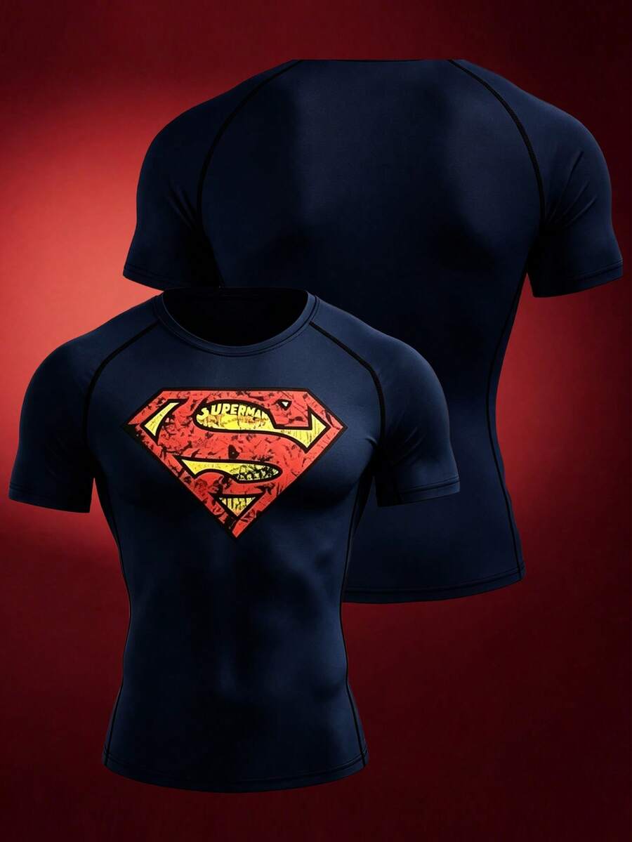 SUPERMAN X SHEIN RISE LYT 男士字母印花短袖圓領修身休閒T恤,健身房適用 - 藏蓝色 - 查看 1